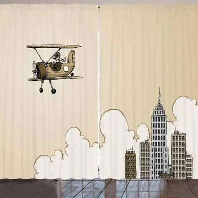 Produktbild von ARANDE Weinlese-Flugzeug Gardine, Karikatur-Art-Doppeldecker in den modernen Stadt-Wolken und in den hohen Aufstiegs-Gebäuden, 280 x 245 cm, Tan Weiß Grau