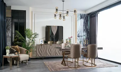 Image de Coin repas Table de salle à manger en bois brun Set 9pcs Sideboard