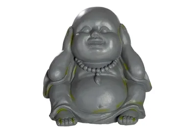 A gray statue of a laughing Buddha is shown against a white background.