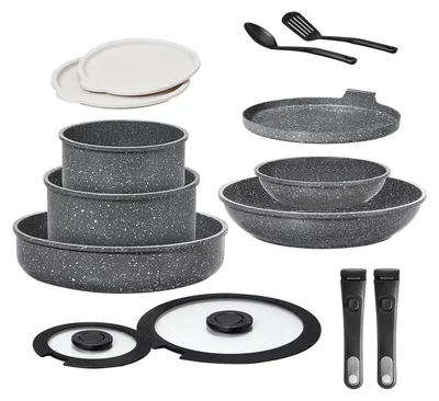 Image de Ensemble de 14 pièces de batterie de cuisine, compatible induction, revêtement antiadhésif en céramique, couleur grise, empilable, poignées amovibles