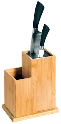 Produktbild von KESPER Messerblock aus Bambus mit Kunststoffborsten – 18,5 x 12,7 x 24 cm – inkl. zusätzlichem Fach für Küchenhelfer – Modell 58025