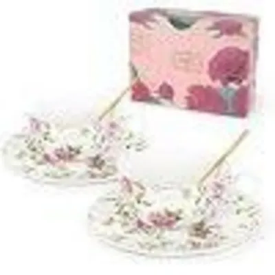 Produktbild von Kaffeetassen & Untertassen Set 2 Stück Keramik 200ml Rosa Blumenmuster mit Löffel