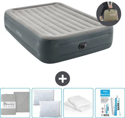 Productafbeelding van Tweepersoons luchtbed - 152 x 203 x 46 cm - Grijs - Inclusief pomp - Beddengoed - Kussens - Reparatieset en kussenbeschermer