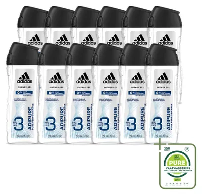Obrázek produktu pro 12 kusů sprchového gelu a šamponu 2 v 1 Adidas Adipure, objem 250 ml – velkopack