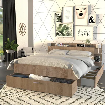 Produktbild von BETT SAMBA mit Schubladen / Bett 140x190 - Eiche gebleicht Nachbildung