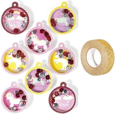 Produktbild von 8 Aufkleber 3D Einhorn 4,5 cm + Golden glitter band 5 m