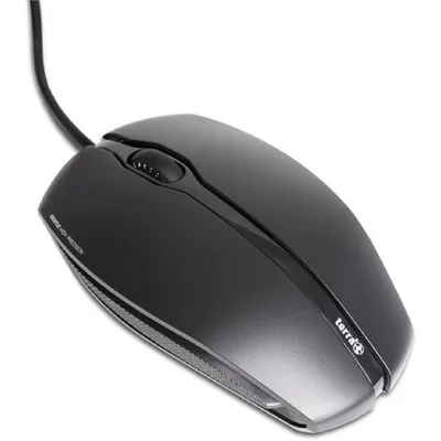 A black wired computer mouse is shown against a white background.