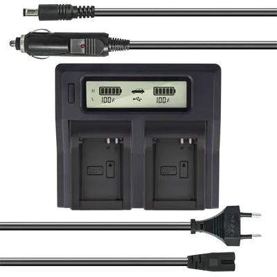 Produktbild von Dual Akku-Ladegerät kompatibel mit Canon NB-10L - mit USB-Anschluss, LCD-Display und Kfz-Ladekabel - Schnellladegerät