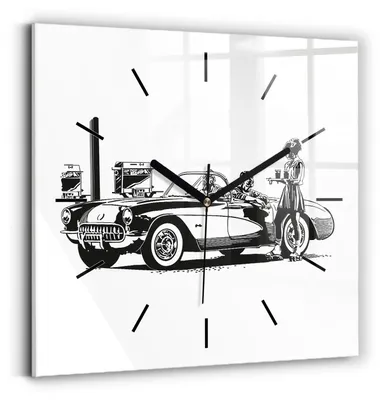 Produktbild von Wallfluent Wanduhr – Stilles Quarzuhrwerk - Uhr Dekoration Wohnzimmer Schlafzimmer Küche - Zifferblatt mit Striche - schwarze Zeiger - 30x30 cm - Retro-Illustration