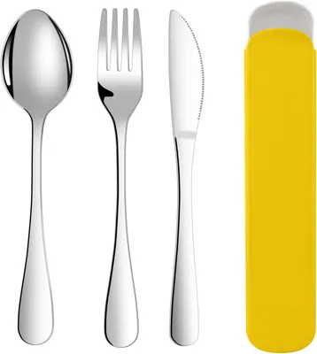 Imagen del producto de Juego de cubiertos para camping, de 3 piezas, de acero inoxidable, con estuche, ideal para llevar de viaje
