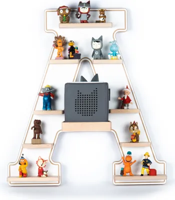 Produktbild von BOARTI Kinderregal Buchstabe A | hängend für Toniebox und Tonie Figuren | platzsparendes Regal | H. 54 x B. 49 x T. 19 | Wandregal Musikbox Figuren Aufbewahrung mit Magneteinsätzen | Aufbewahrungsregal Holz