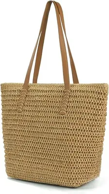 Obrázek produktu pro Velká plážová taška pro ženy, ze slámy se zipem, retro vzor, styl boho, na pláž, na nákupy a na dovolenou