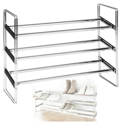 Produktbild von Schuhregal 64 cm - 119 cm ausziehbar schmal Metall silber Chrom mit 3 Ablagen für 12-15 Paar Schuhe
