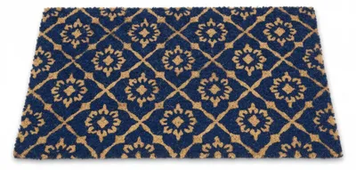 Obrázok produktu pre Relaxdays kokosová rohož, 60 x 40 cm, protišmyková, vodovzdorná, rohož na dvere do exteriéru a interiéru, kvetinový vzor, modrá/prírodná