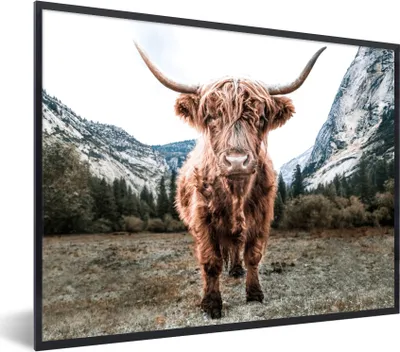 Produktbild von MuchoWow® Gerahmtes Poster Schottischer Highlander - Berg - Tiere 80x60 cm - Poster mit Schwarzem Bilderrahmen Wandposter Rahmen Foto Bilder - Schwarzem - Mit Gestell