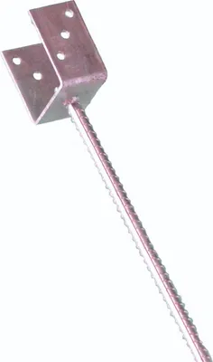 A metal post anchor with a U-shaped bracket and a threaded spike.