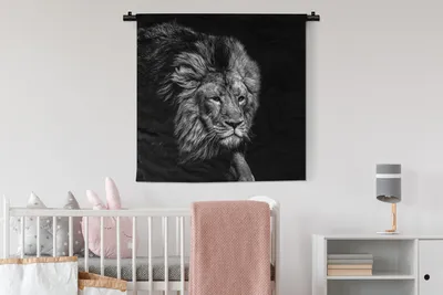 Produktbild von MuchoWow® Wandteppich Wandbehang Löwe - Tiere - Schwarz - Weiß 90x90 cm Tapisserie Dekoration Wandtuch - Wandaufhänger