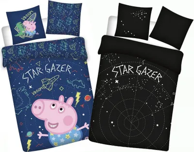 Produktbild von nickelodeon BrandMac Peppa Wutz Bettwäsche 100x135 40x60 ?Star Gazer? mit George ? Peppa Pig Kinderbettwäsche zum Wenden - Leuchtet im Dunkeln - Kopfkissen- und Bettdeckenbezug aus 100% Baumwolle