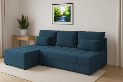 Image de AX LIVING Canapé d'angle bleu Dolceo Petit canapé avec fonction sommeil Surpiqûres