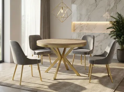 Produktbild von Runder Ausziehbarer Esstisch - Loft Style Tisch mit Goldenen Metallbeinen - 100 bis 180 cm - Industrieller Tisch für Wohnzimmer - Kompakt - 100 cm - Sonoma Eiche