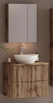 Produktbild von Badmöbel-Set 2-teilig mit 60 cm Waschtisch & Spiegelschrank in Eiche mit gerillter Front - CALURI-140