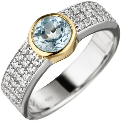 Produktbild von Ring Damenring mit Blautopas rund hellblau Zirkonia 925 Silber teilvergoldet Innenumfang 54mm Ø17.2mm