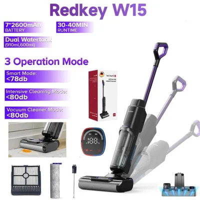 Obrázek produktu pro Bezdrátový vysavač pro mokré a suché podlahy - mop W15 - s funkcí samočištění - LCD displej - 150 W - HEPA filtr - 40 minut provozu - bez sáčku