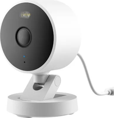 A white security camera with a black faceplate is shown on a white background.