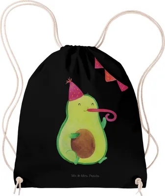 Produktbild von Mr. & Mrs. Panda Turnbeutel Avocado Party - Schwarz - Geschenk, Jutebeutel, Stoffbeutel, Geburtstag, Happy Birthday, Sportbeutel, Avocados, Beutel, wander rucksack