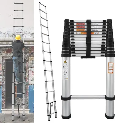 Zdjęcie produktu dla Aluminiowa, teleskopowa drabina - regulowana drabina bezpieczeństwa - 3,8 m - składana - do remontów domowych i prac na dachu - drabina ratunkowa i ewakuacyjna