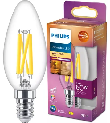 Zdjęcie produktu dla Philips Świeczka żarnikowa przezroczysta 60 W B35 E14, 5,9 W, 60 W, E14, 806 lm, 15000 h, Ciepły blask
