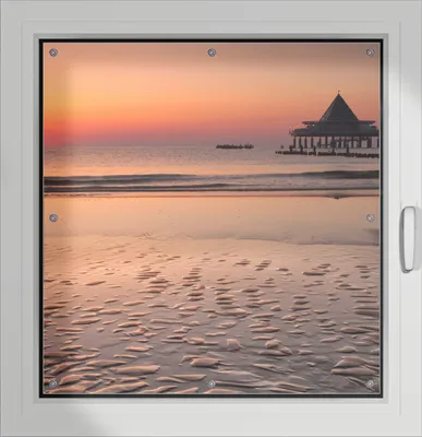 Produktbild von Wallario Lichtschutzbild, Dekorativer Sichtschutz Sonnenschutz 96 x 100 cm mit Motiv: Strand am Abend - Seebrücke am Ostseebad Heringsdorf - Verdunklung ohne Bohren