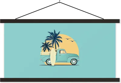 Produktbild von MuchoWow® Textilposter Bus - Palme - Surfbrett - Sommer 150x75 cm mit schwarzem Rahmen - Posterleiste