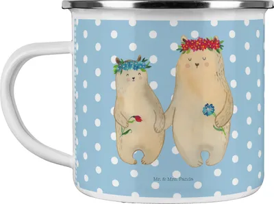 Produktbild von Mr. & Mrs. Panda Emaille Tasse Bären mit Blumenkranz - Blau Pastell - Geschenk, Vorbild, Kaffeepott, Bär, Muttertag, Mama, becher, Campingbecher, Familie, Pott, Family