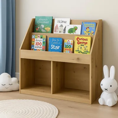A children's bookshelf filled with books, placed in a room with a blue curtain and a white rug.