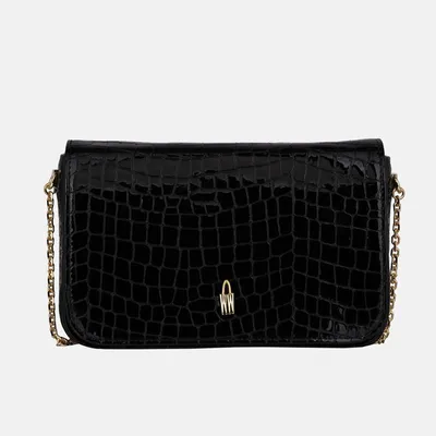 Produktbild von LILY Abendtasche Schwarz aus Echtleder mit Krokoprägung, Kettenriemen, goldenen Details