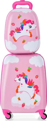 Produktbild von COSTWAY 2tlg Kinderkoffer + Rucksack, Kindertrolley aus Kunststoff, Kindergepäck, Kinder Kofferset Handgepäck Reisegepäck Hartschalenkoffer für Jungen & Mädchen (Unicorn, 12"+16")