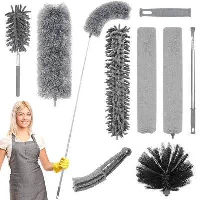 Image de Plumeau télescopique 9 pièces, lavable, plumeau anti-toiles d'araignée avec manche télescopique, long plumeau, extensible jusqu'à 2,4 m, lavable, plumeau pour nettoyer les plafonds, les interstices, les toiles d'araignée et les lustres