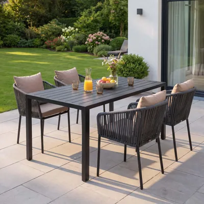 Produktbild von Gartengarnitur HWC-N41, Tisch+4xStuhl, wetterfest Alu 140x80cm, Seilgeflecht Rope  anthrazit Kissen taupe