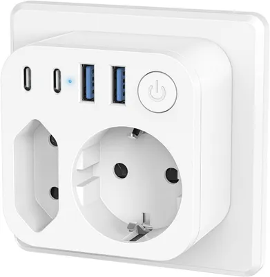 Obrázek produktu pro Zásuvková lišta s USB porty – více zásuvek – nabíjení zařízení – funkce 6 v 1 – rozměry 7 x 7 x 4 cm – bílá barva