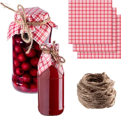 Produktbild von KADAX Schmuckdeckchen für Einmachgläser, dekorative Deckchen mit Jutekordel für Marmeladengläser, Marmeladendeckchen aus Papier,Rotes Karomuster, 50 Stück
