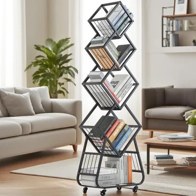 Immagine prodotto di Libreria girevole, 5 ripiani, nera, in metallo, a 360°, con ruote, dimensioni 53x21x152 cm