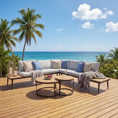 Produktbild von Garten-Garnitur HWC-H54c, Lounge-Set, Beistelltisch Spun Poly Akazie Holz Stahl hellbraun, Kissen hellgrau