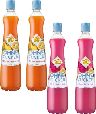 Produktbild von YO Sirup 0% Zucker Probierset 2x Pfirsich-Maracuja 700ml & 2x Pink Paradise 700ml
