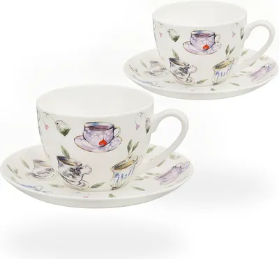 Produktbild von Buchensee Teetassen / Kaffeetassen Porzellan, 2 Tassen je 210ml, Tassendeko, Fine Bone China