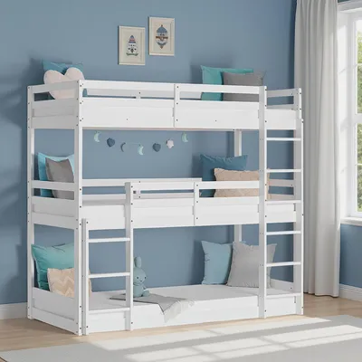 Produktbild von Homestyle4u Etagenbett 90x200 cm – Kinderhochbett, Dreifachbett aus weißem Massivholz