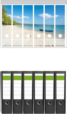 Produktbild von Wallario 6 Stück breite Ordner inkl. Klebeetiketten mit Motive Boot an einem tropischen Strand -  Set mit Rückenschildern / Ordnerrücken Stickern