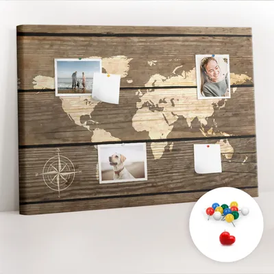 Obrázok produktu pre Korková tabuľa s kolíčkami - Tabuľa s kolíčkami na fotografie a poznámky - 100x70 cm - Farebné kolíčky 100 ks - Mapa sveta z dosiek