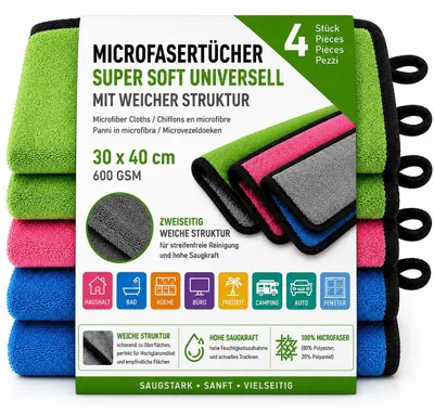Produktbild von Microfasertücher Super Soft Universell 4er Set 30 x 40 cm, 600 GSM, KI-generiertes Bild