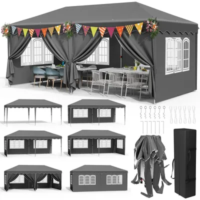 Obrázek produktu pro Skládací pavilón 3x6 metrů, šedá barva, vodotěsný, s UV ochranou 50+, materiál 420D Oxford, 6 bočních dílů, výškově nastavitelný